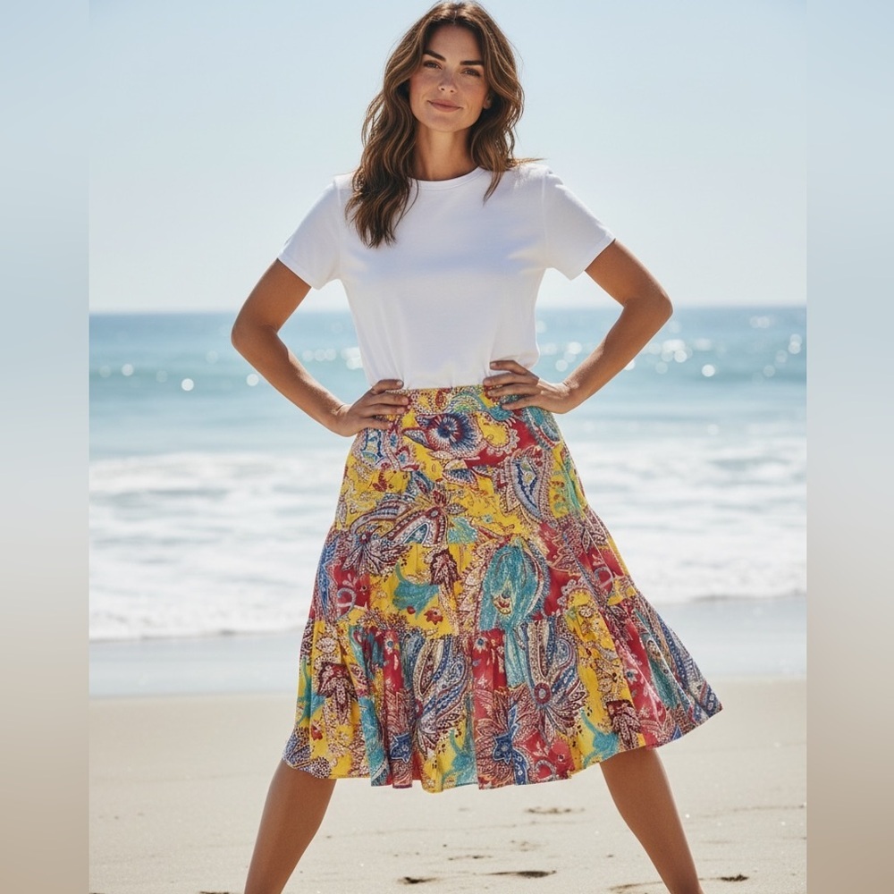 Ralph Lauren LRL Yellow Bohemian Paisley Tiered Linen Artful Peasant Skirt Sz M
